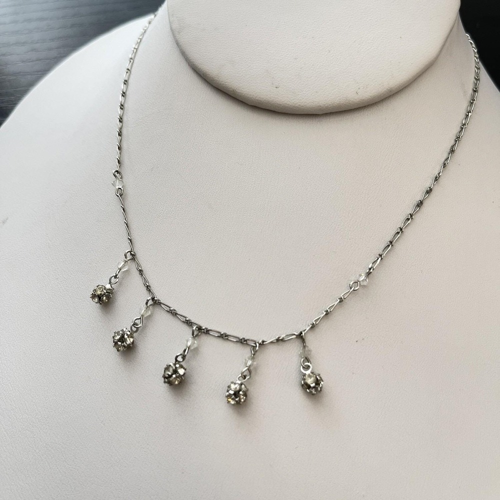 Silver Tone Clear Rhinestone Prong Set Ball Bead Charm Dangle Necklace Dainty